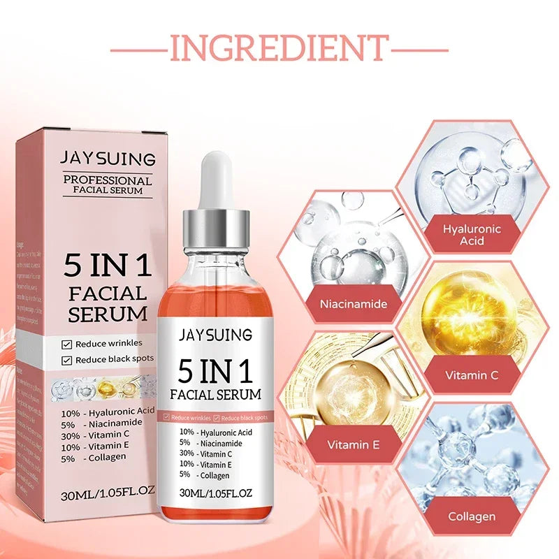 5 In1 Hyaluronic Acid Facial Serum Moisturizing Brightening Lightening Fine Lines Vitamin C Pore Shrinking Serum Skincare 30ml