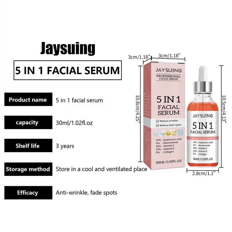5 In1 Hyaluronic Acid Facial Serum Moisturizing Brightening Lightening Fine Lines Vitamin C Pore Shrinking Serum Skincare 30ml